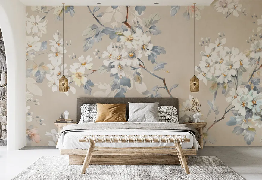 پوستر دیواری سه بعدی اتاق خواب عروس و داماد طرح شکوفه های سفید